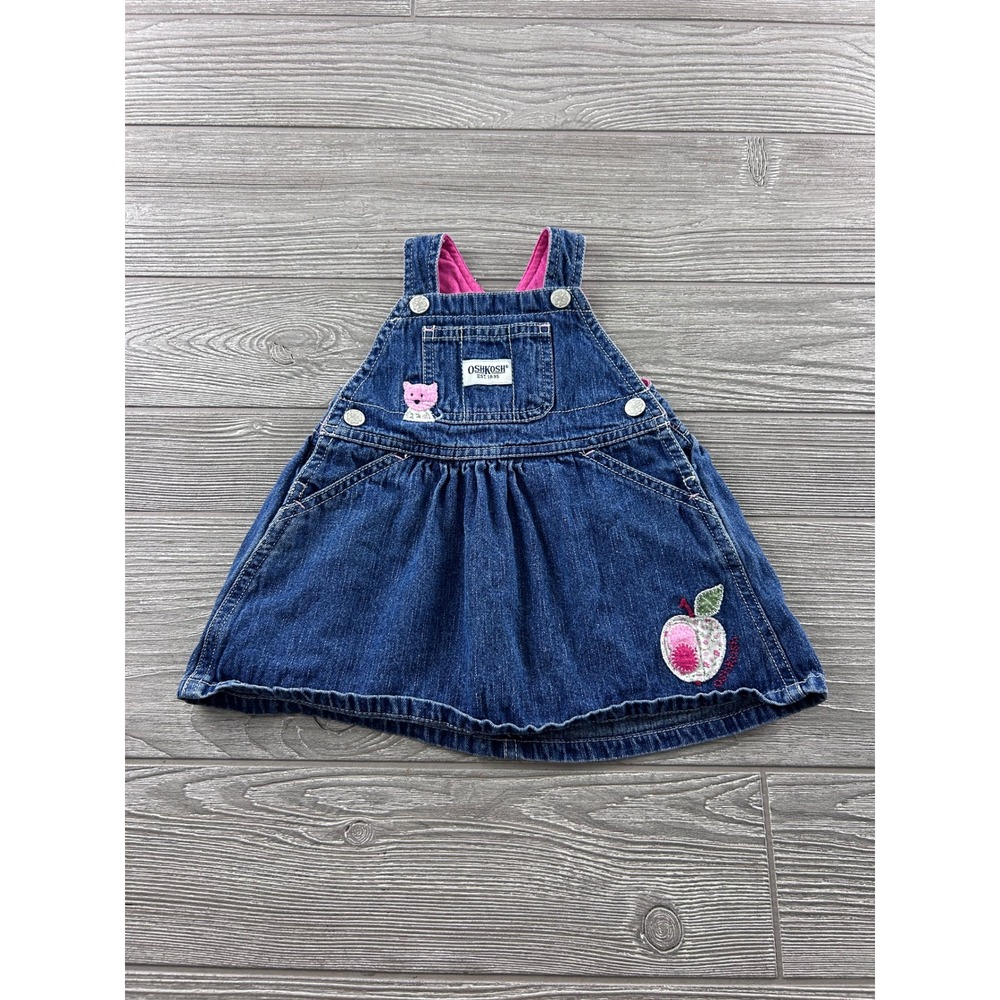OshKosh Bgosh Baby Girls Denim Jumper Dress Embroidered Cat Apple Size 3-6M